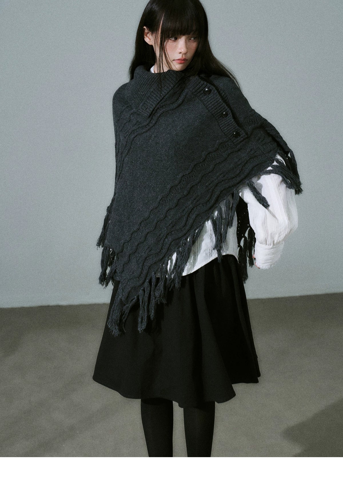 LOST FOREST - Wool-Blend Bow Graphic Fringe Cape Shawl (Coffee / Dark Gray)