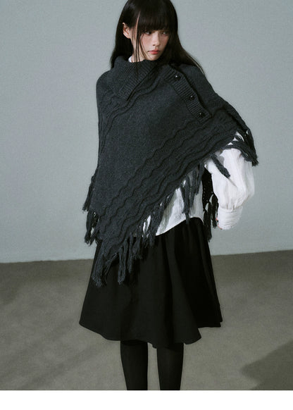 LOST FOREST - Wool-Blend Bow Graphic Fringe Cape Shawl (Coffee / Dark Gray)