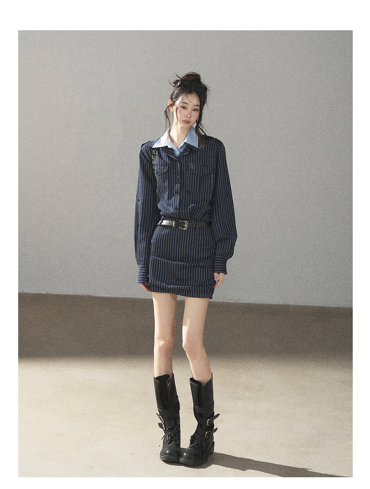 170726 "The Island and the Whale" Deep Slate Gray Layered Stripe Shirt Dress with Belt