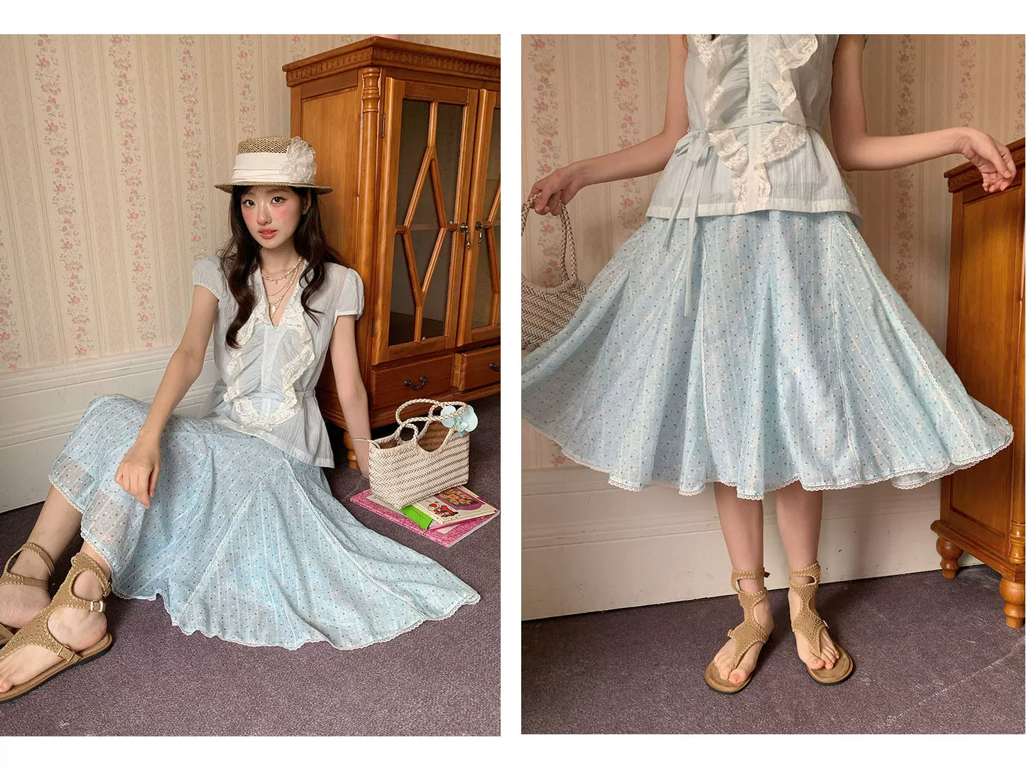 “Blue Berry Stardust” Blue Floral Polka Dot Skirt