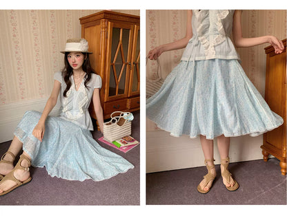 “Blue Berry Stardust” Blue Floral Polka Dot Skirt