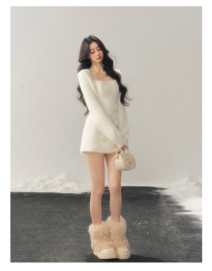 少也眼 "She Steps Through Frostlight" French 3D Floral Faux Mink Mini Dress - Camellia White