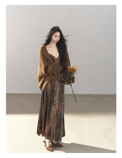 AOMALM - "Draped in Wild Wind" Cocoa Brown Leopard Flocked Bias-Cut Mermaid Maxi Dress (With Matching Hair Tie)