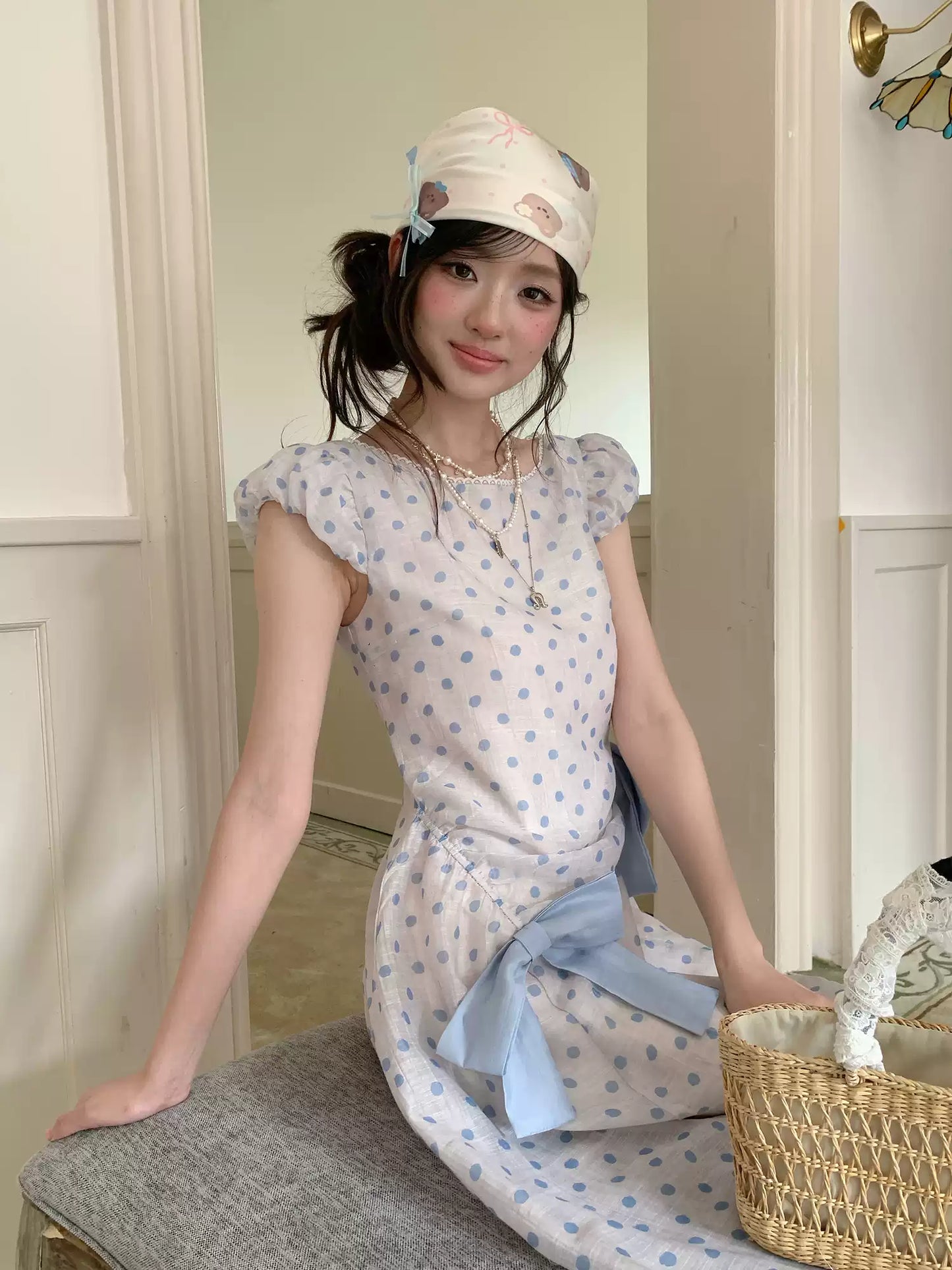 “Blue Mist Polka Reverie” Mist Blue Bow Lace Dress