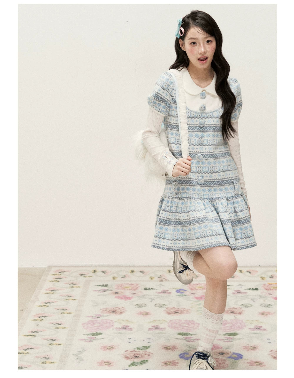 [RF] Vintage Geometric Jacquard Peter Pan Collar Knit Dress with Ruffle Hem