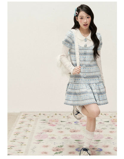 [RF] Vintage Geometric Jacquard Peter Pan Collar Knit Dress with Ruffle Hem