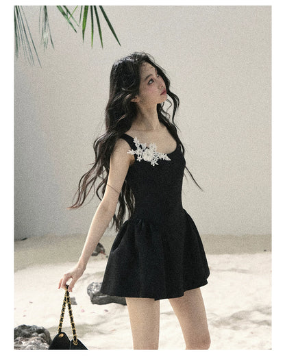 "Wisteria Climbing the Vines" Black Iris Floral Lace Puff Mini Dress 7645