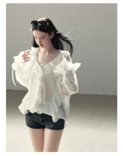 AOMALM - "A Featherlight Touch" French Camellia White Lace Chiffon Top with Belt (Camellia / Oatmeal / Cinnamon Pink)