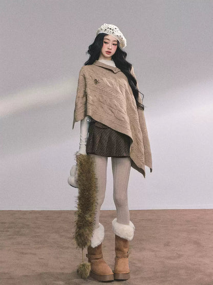 少也眼 British-Inspired Loose Fit Knit Cape