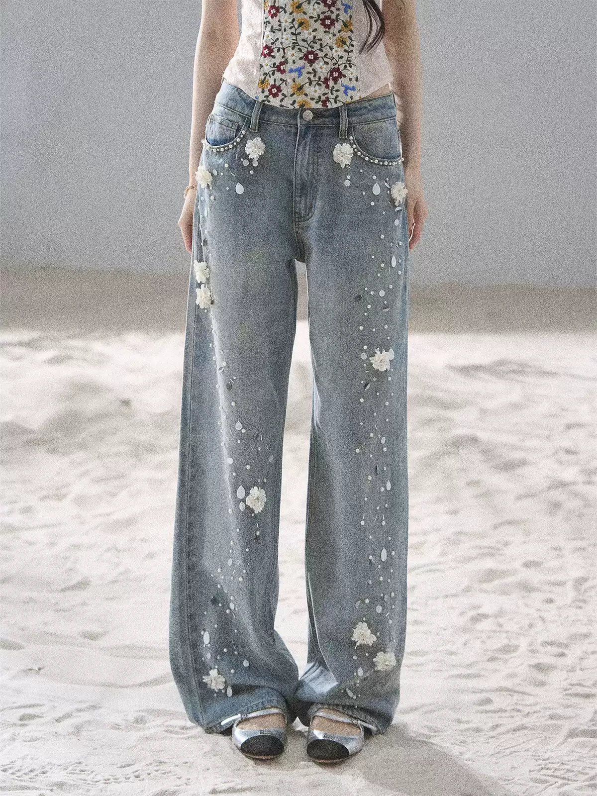"Starlit Grace" Mist Blue Handmade Floral Wide-Leg Jeans