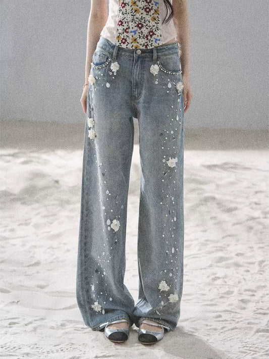 "Starlit Grace" Mist Blue Handmade Floral Wide-Leg Jeans