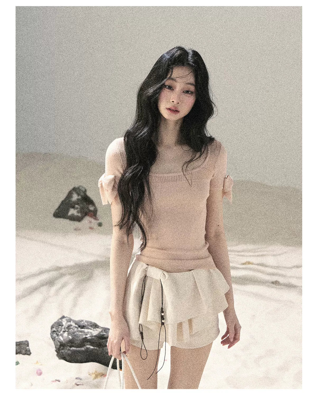 "Gentle Ocean Tide" Baby Pink Cutout Knit Crop Top 75511