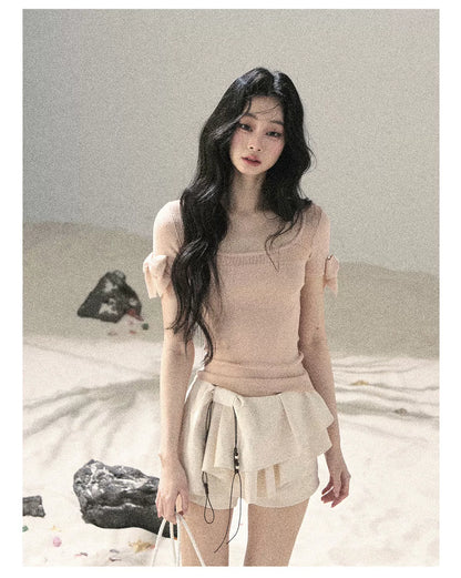 "Gentle Ocean Tide" Baby Pink Cutout Knit Crop Top 75511