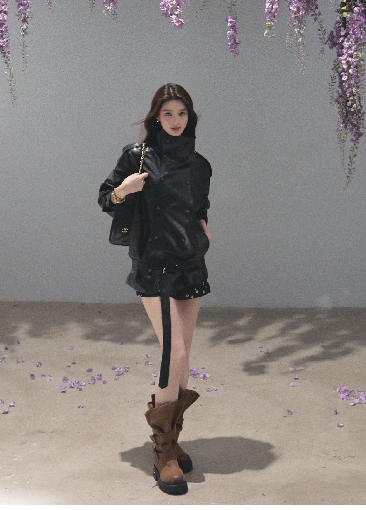 OAKMOO/ Belted Double-Breasted Trench Jacket (Deep Black / Hazel Khaki)