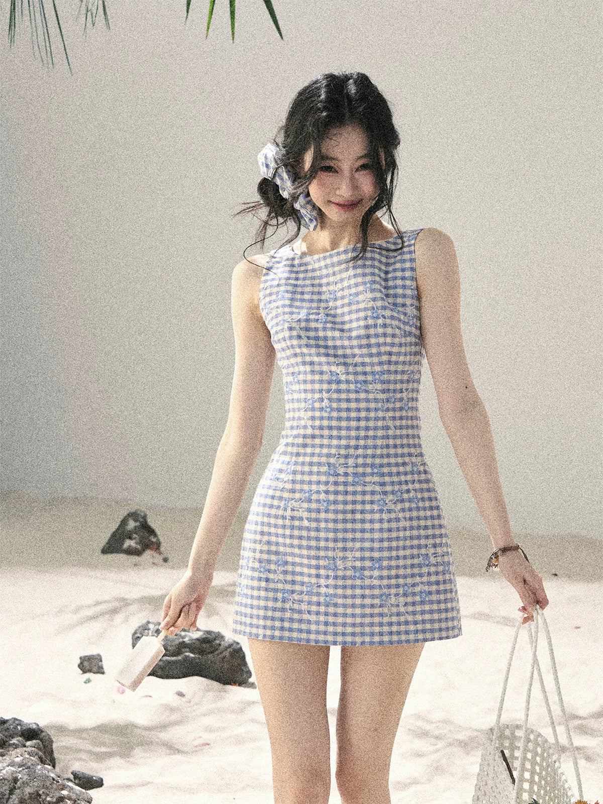 "Sea Breeze Reverie" Sky Blue Embroidered Plaid Mini Dress (With Matching Scrunchie)