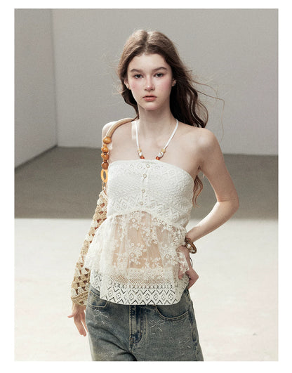 "Where the Waves Meet Her" Creamy Apricot White Lace Halter Sheer Top