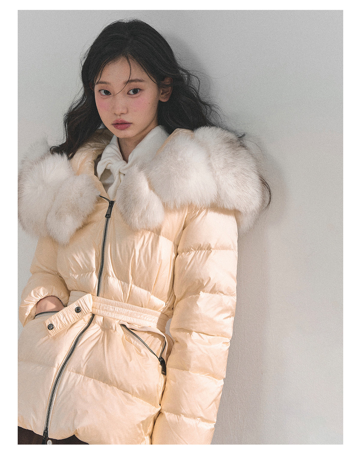 少也眼 “Snowcountry Floating Bridge” Thick Warm Down Jacket with Detachable Fur & Belt 661513