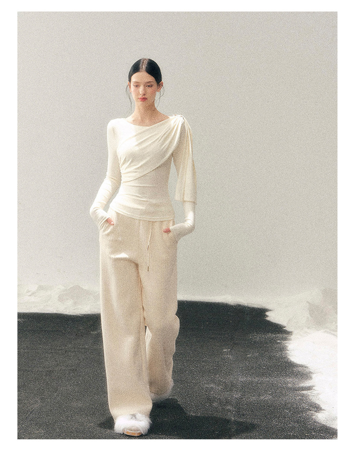 181225 “She Is Lighter Than the Wind” Streamer-Neck Top - Milky Apricot White