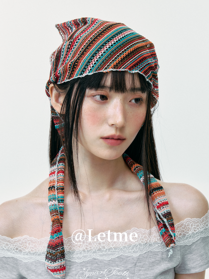Bohemian Striped Knit Headscarf – Lightweight Openwork Triangle Bandana