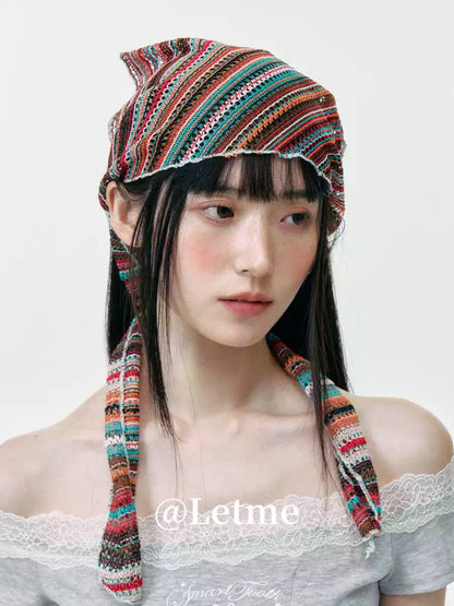 Bohemian Striped Knit Headscarf – Lightweight Openwork Triangle Bandana