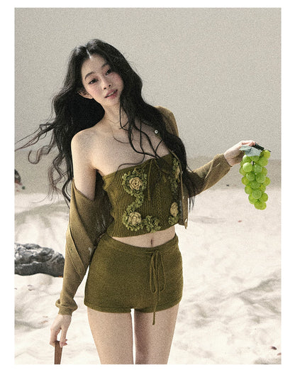 "Forest After Rain" Misty Meadow Haze 3-Piece Cardigan & Shorts Set 45236485