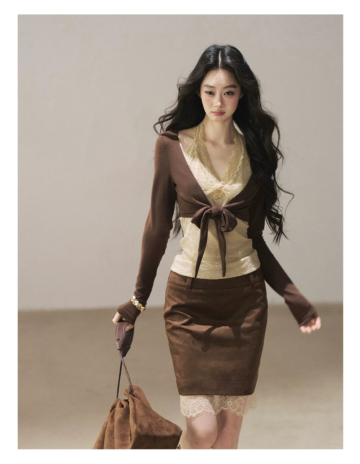 AOMALM - "Tender in This Moment" Rich Cocoa Faux Two-Piece Lace Top
