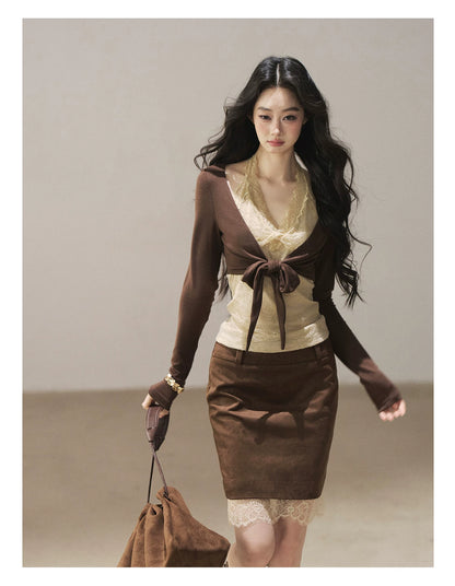 AOMALM - "Tender in This Moment" Rich Cocoa Faux Two-Piece Lace Top