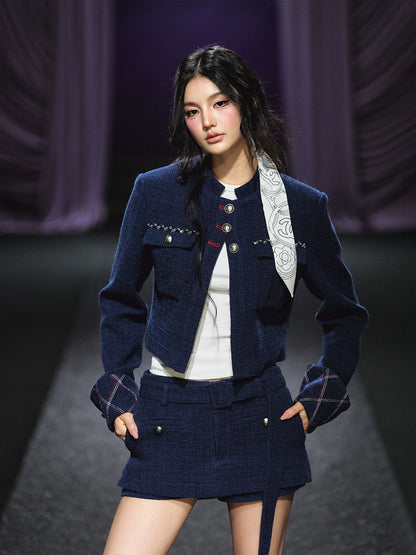"Midnight Atelier" Navy Wool Quilted Jacket & A-Line Skort Set