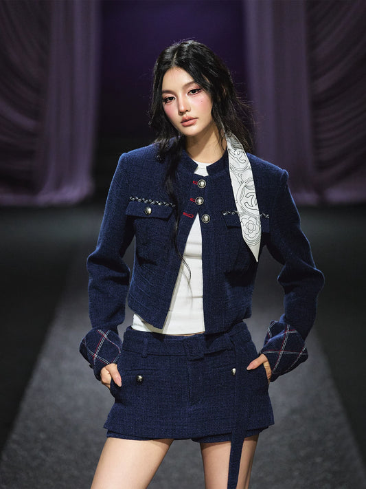 "Midnight Atelier" Navy Wool Quilted Jacket & A-Line Skort Set