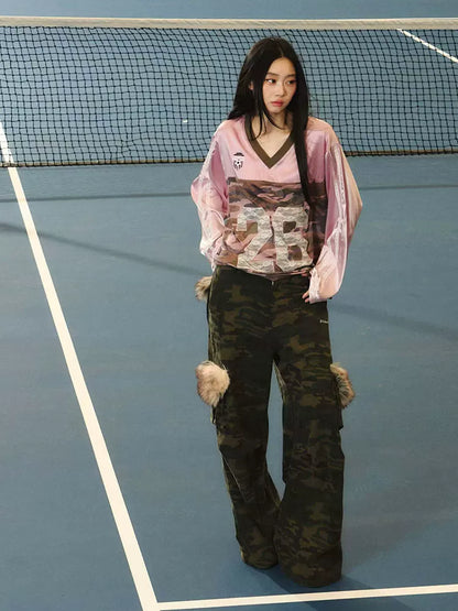 JN's DESIGN - Vintage Camo Wide-Leg Cargo Pants with Faux Fur Pockets