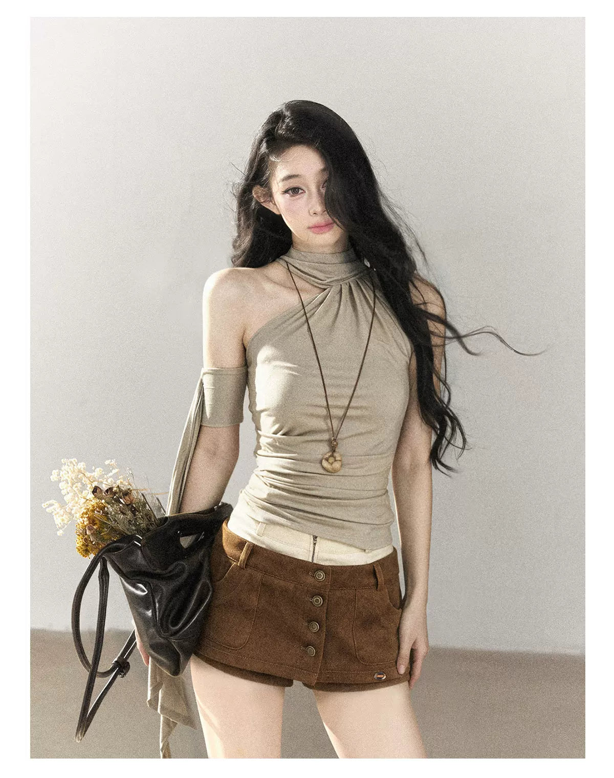 AOMALM - Halter Neck Off-Shoulder Cropped Tee in Milk Tea
