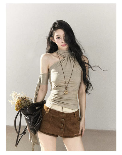AOMALM - Halter Neck Off-Shoulder Cropped Tee in Milk Tea