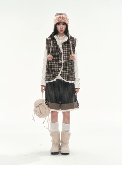 CAN - "The Velvet Alcove" Light Coffee Brown Reversible Plaid Shearling Vest