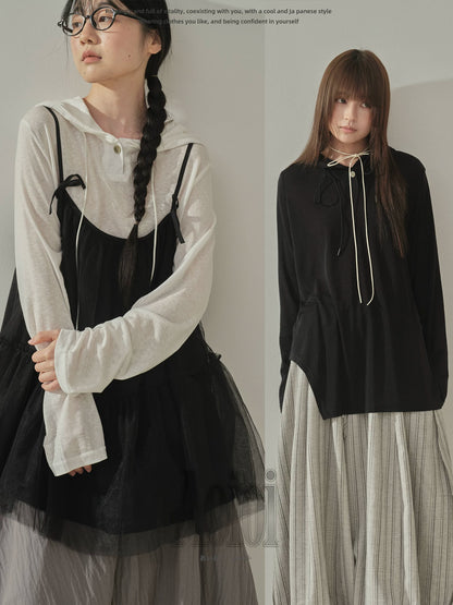 "Summer Haze" Hooded Knit Sun Protection Long Sleeve T-Shirt (Black / White)