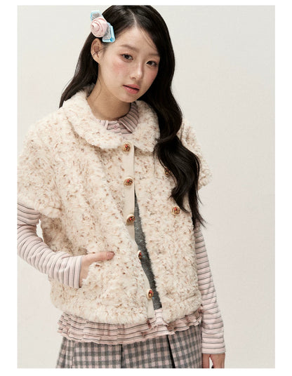 [RF] Cream Beige & Chestnut Speckle Plush Short-Sleeve Vest Jacket with Peter Pan Collar