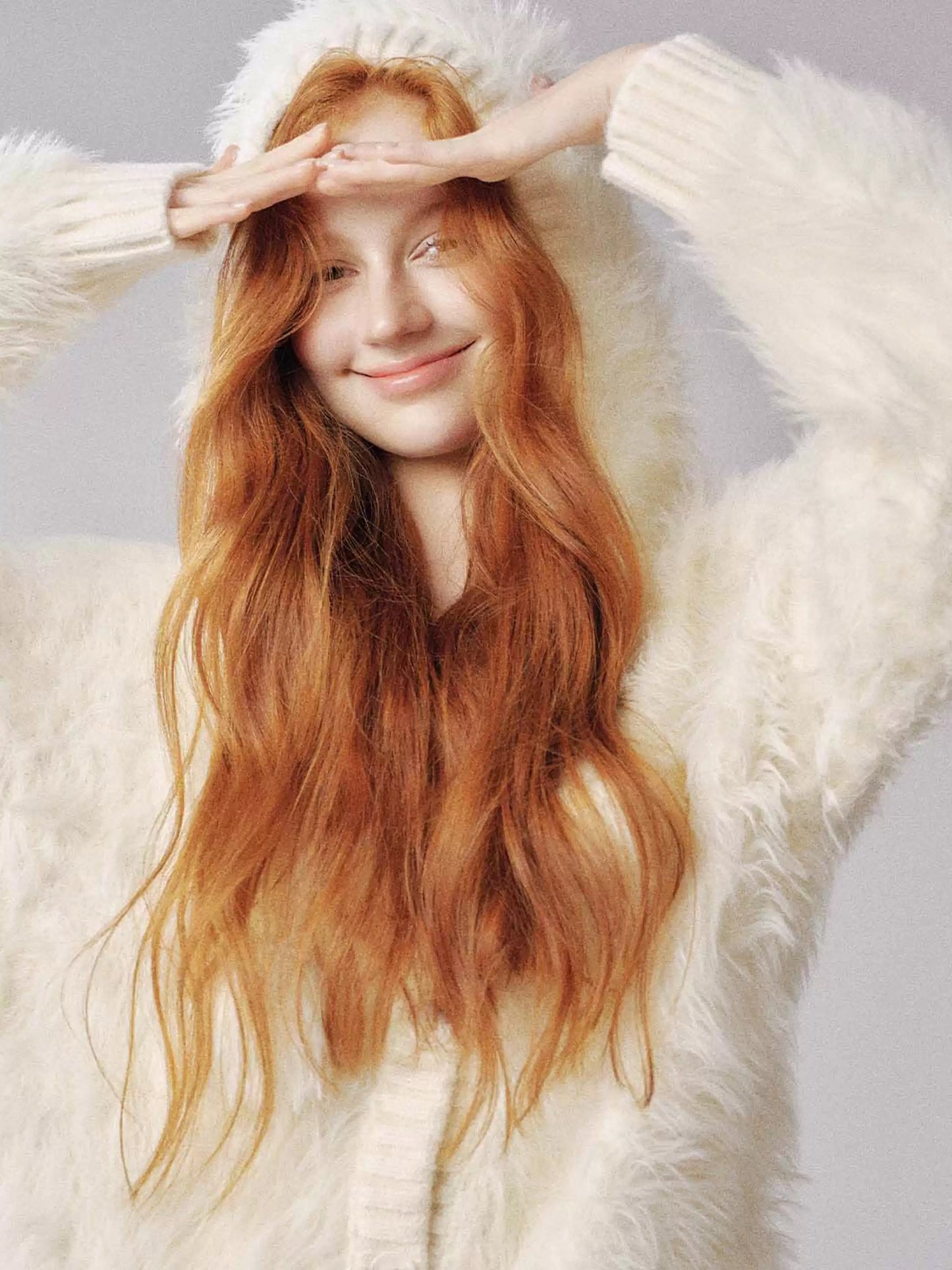 "毛绒雪怪" Beige Faux Fur Pom Knit Hoodie Cardigan