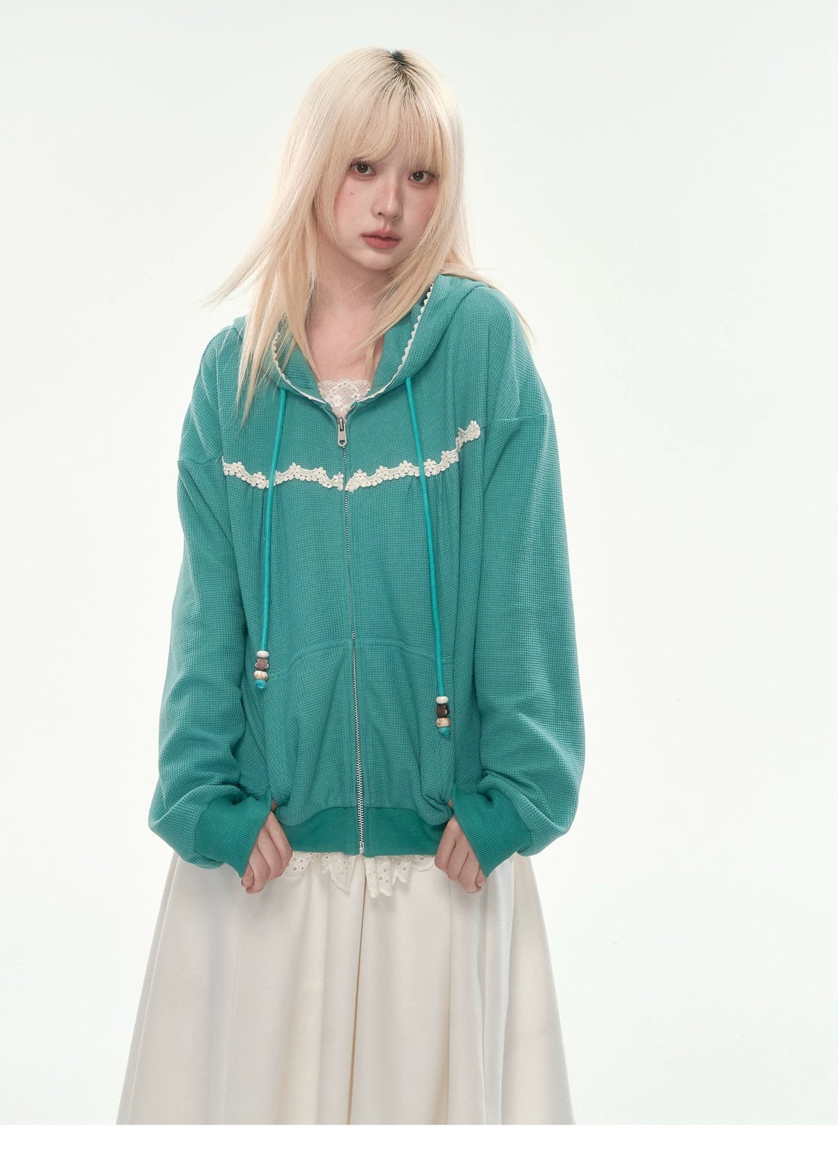 [CAN] Green Lace-Trim Waffle Knit Zip-Up Hoodie