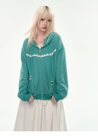 [CAN] Green Lace-Trim Waffle Knit Zip-Up Hoodie