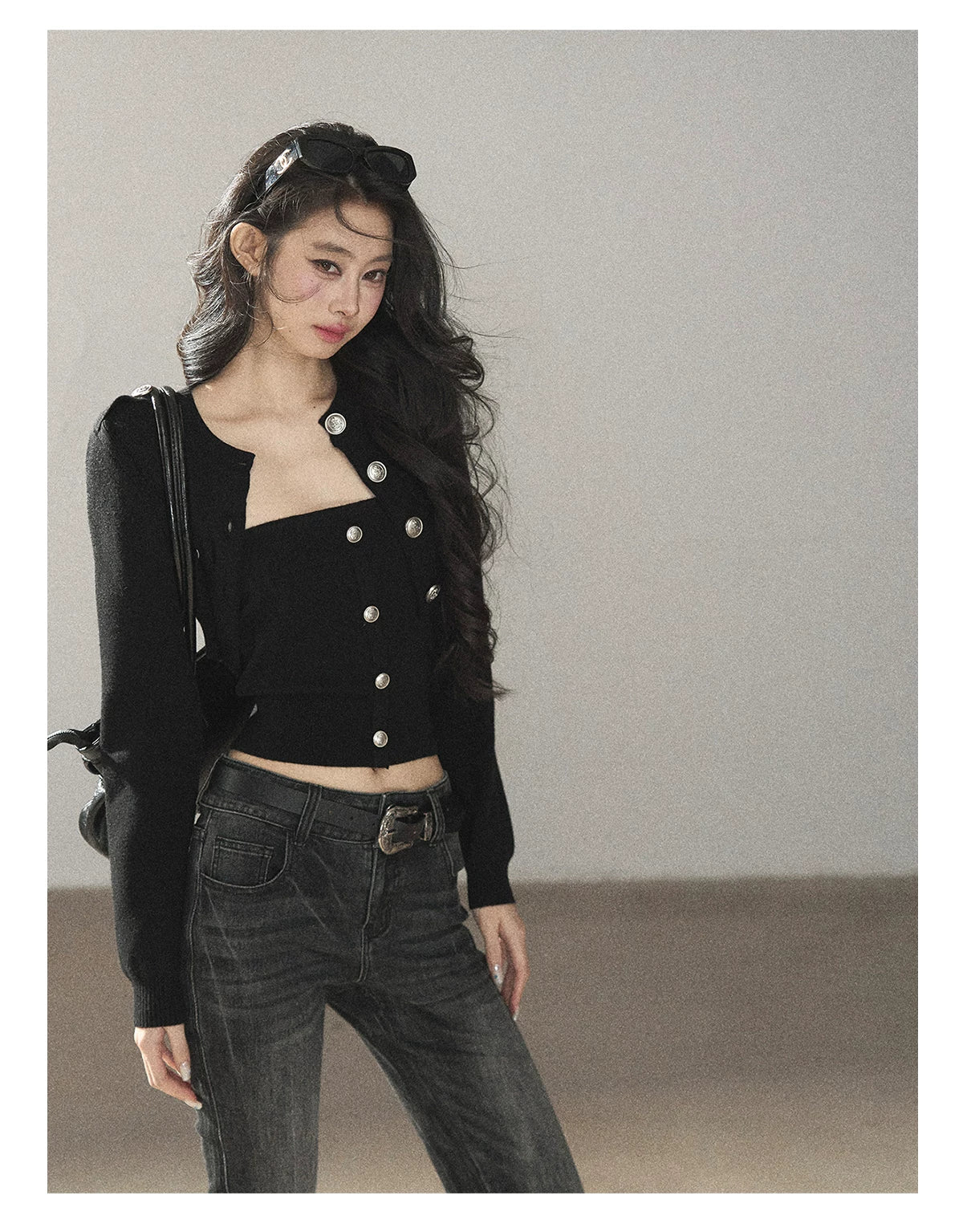 AOMALM - "You in the Night Sky" Black Cropped Knit Cardigan & Bandeau Set