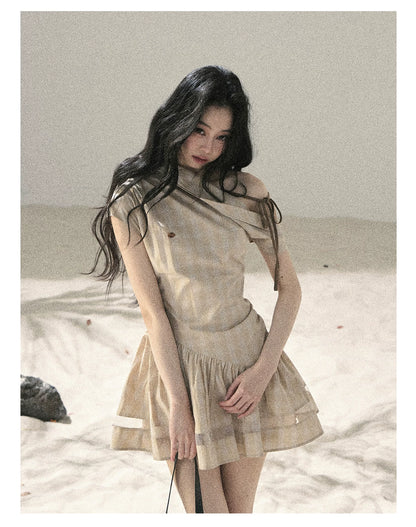 "Traces Left by the Wind" Sand Beige Off-Shoulder Plaid Puff Mini Dress