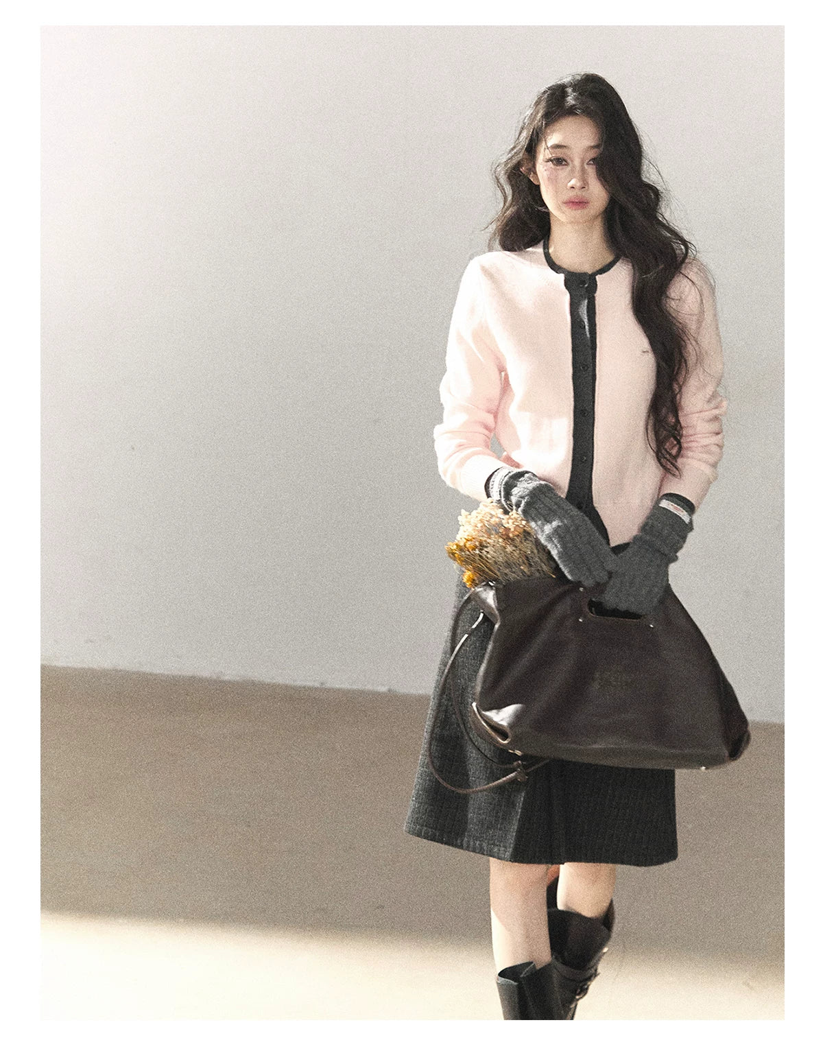 AOMALM - Cinnamon Pink Faux Layered Cropped Cardigan Sweater