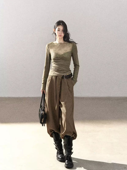 AOMALM - Milk Tea Lace-Panel Fitted Knit Long Sleeve Top