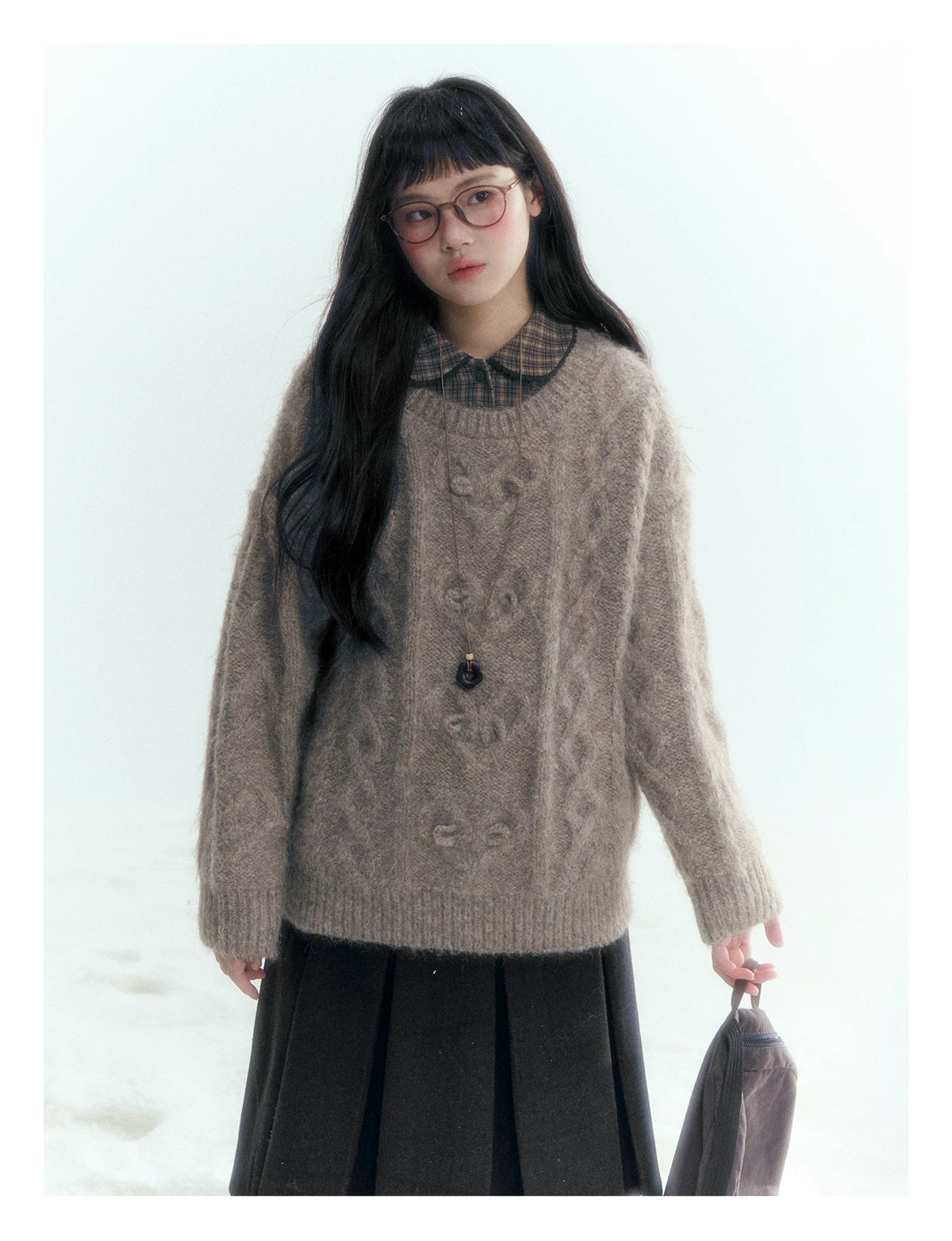 Horridale - Vintage Cable-Knit Heart-Texture Sweater – Smoky Gray