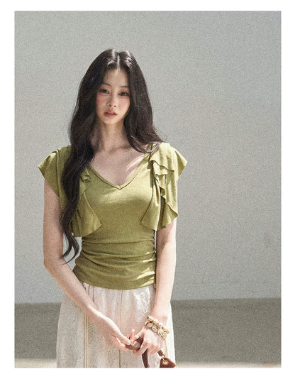 "Where Clouds Fall" Ruffle Sleeve V-Neck Crop Top (Forest Green/ Sage Gray/ Misty Blue/ Cinnamon Pink)