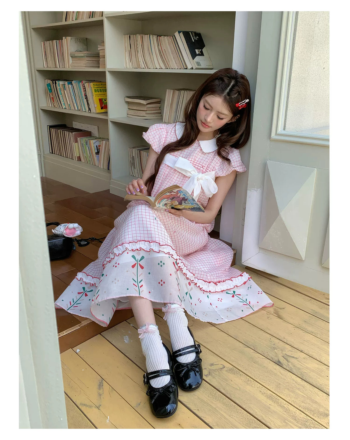 [RF] “Pink Camellia” Cherry Red Plaid Bow Two-Piece Set