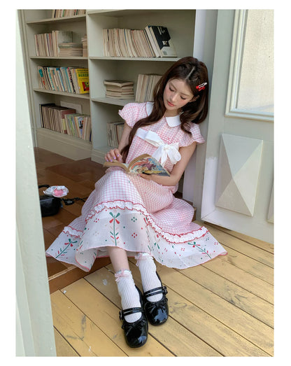 [RF] “Pink Camellia” Cherry Red Plaid Bow Two-Piece Set