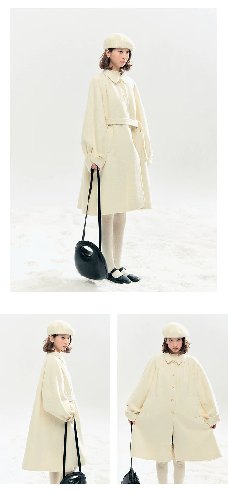 "Black & White Waltz" Hand-Stitched Wool-Blend Swing Coat (Ivory/ Black)