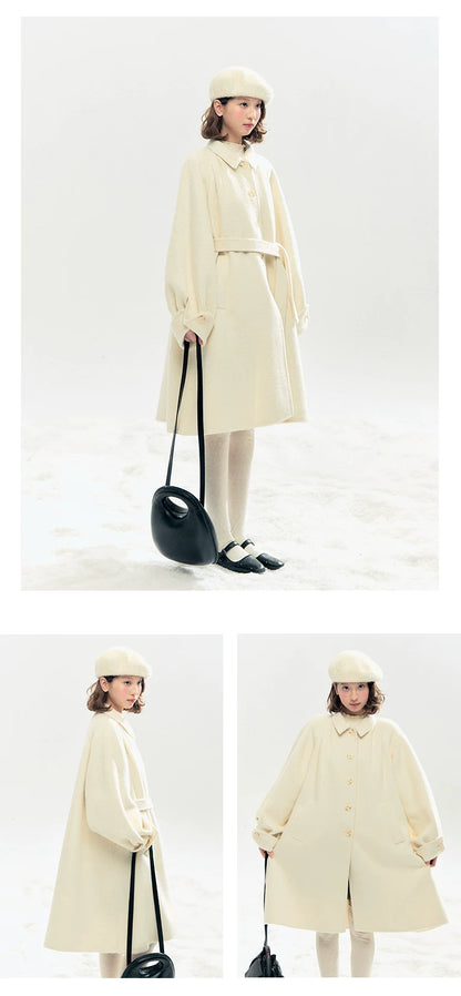 "Black & White Waltz" Hand-Stitched Wool-Blend Swing Coat (Ivory/ Black)