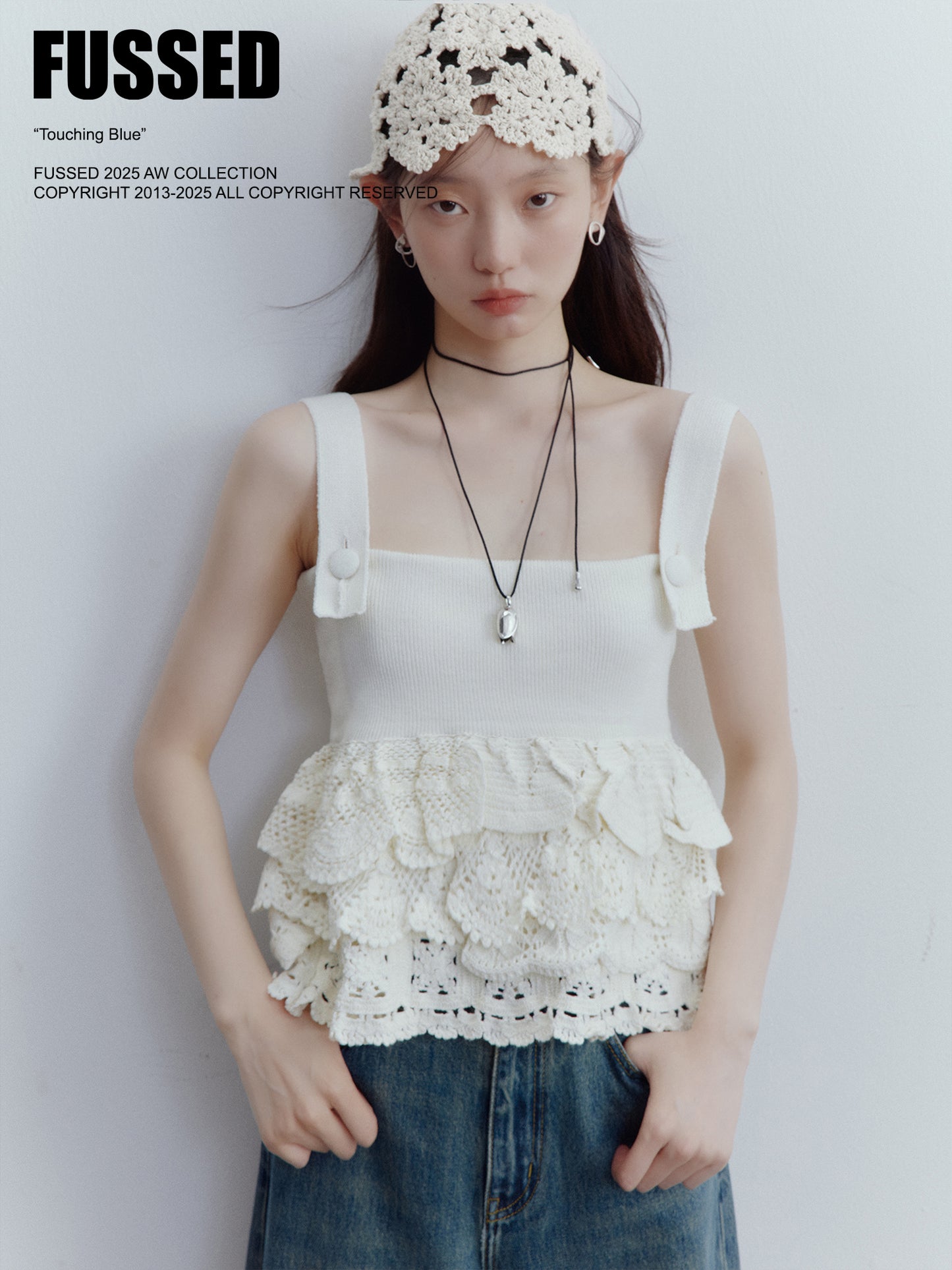 FUSSED Nefelibata Almond Cream Cropped Hand-Crochet Knit Top FOF-25SS175