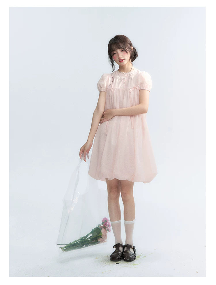 "Little Princess" Strawberry Pink Lace Bow Bubble Hem Midi Dress